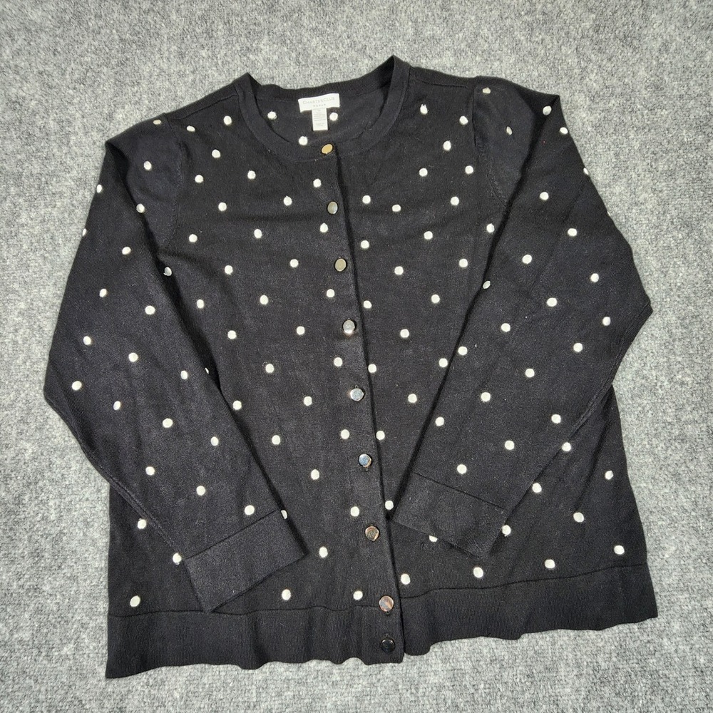 Charter Club Woman Black Polka Dot Cardigan Sweater 1X Embroidered Button Front - Picture 1 of 6